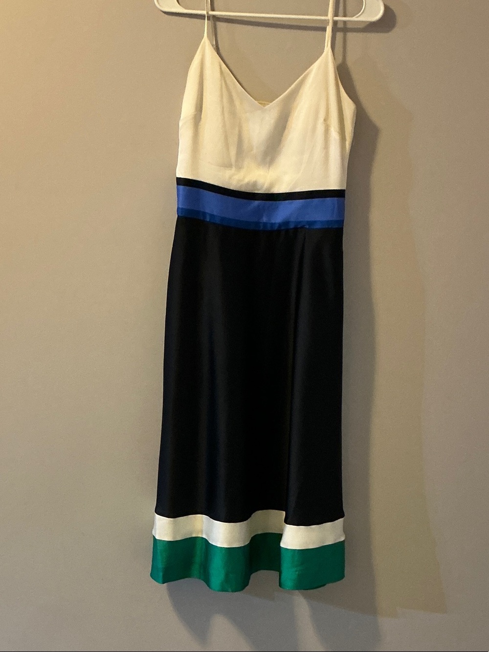 Ann Taylor Ivory, Black, Blue & Green Colorblock Spaghetti-Strap Midi Dress